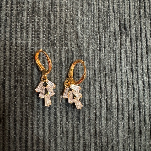 Gold Crystal Baguette Drop Hoop Earrings - Women Jewelry - Picture 3 of 3